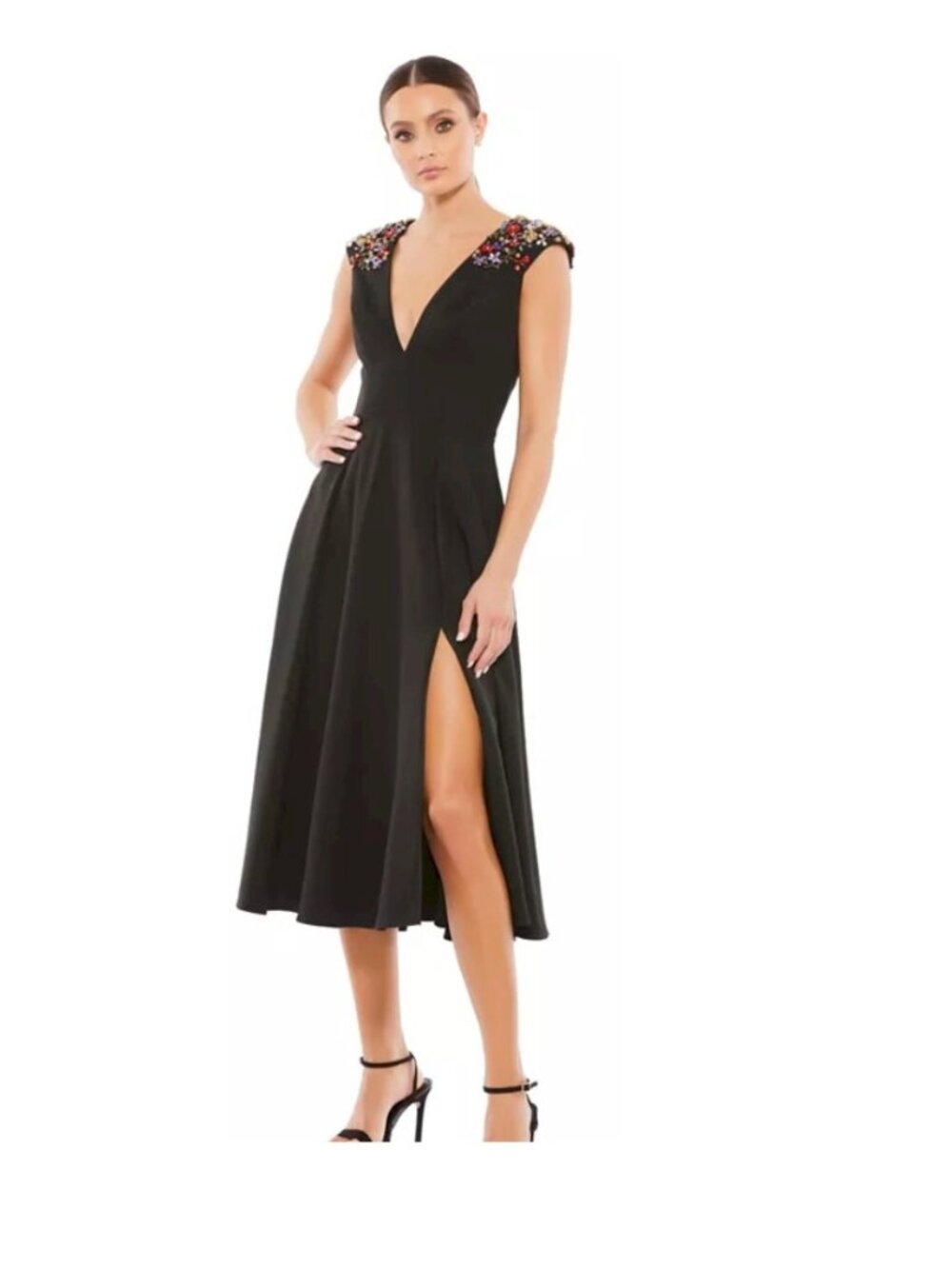 Mac Duggal Midi Dress 70214 Beaded Cap Sleeves V Neck Size 2 New NWT